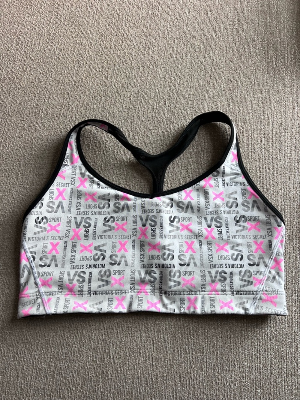 Victoria's Secret White Sports Bra with Pink & Gray Logo Print